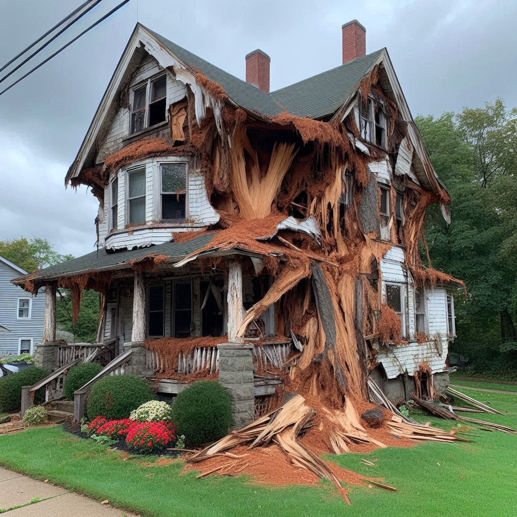 Damaged tree on an Peabody home showing signs of disease and decay